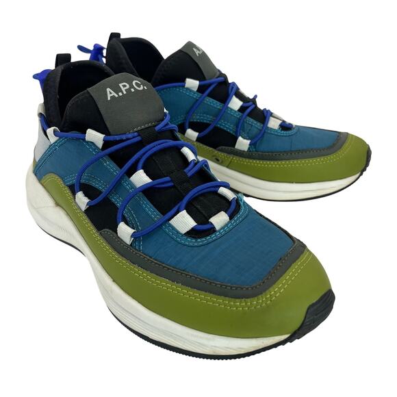 A.P.C. Little Joe Sneakers Logo Ripstop Leather Neoprene EU 39 Blue Green Bungee - Picture 1 of 9